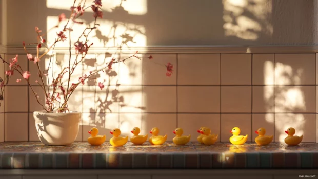 Tiny rubber ducks form a parade on the bathroom shelf under morning light.