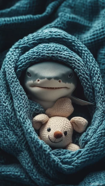 Tiny shark wrapped in blanket with sleepy eyes and teddy fish.