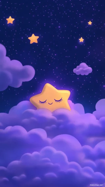 Tiny sleepy stars yawning across the purple night, glowing gently through fluffy cloud and stars wallpaper.