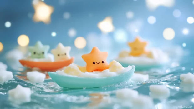 Tiny starry friends drifting on sugar waves.