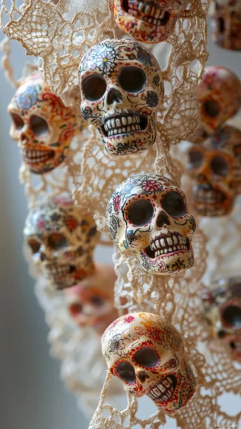 Tiny sugar skulls scattered across floating lace band.