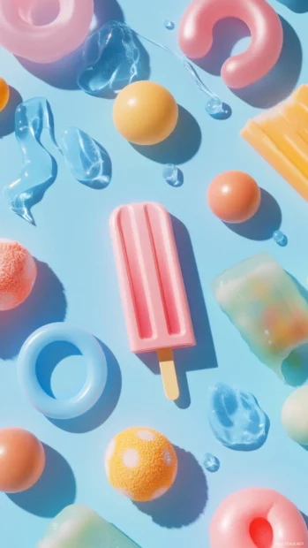 Tiny summer elements like popsicles, beach balls, and floating rings in pastel colors bringing a fresh, youthful spirit.