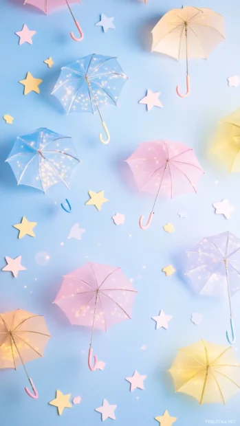 Tiny umbrellas catching falling pastel stars.