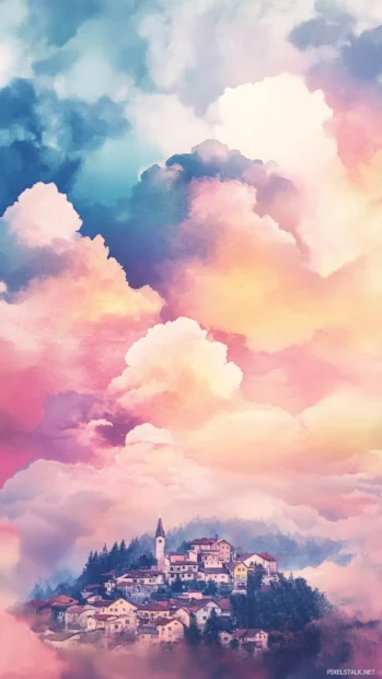 Tiny villages nestled beneath towering watercolor clouds.