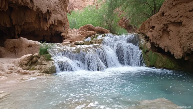 Tiny waterfalls tumbling into a pretty rocky pool.