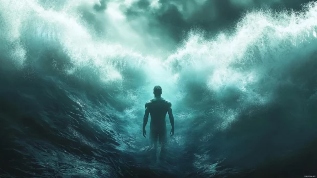 Titan awakening beneath the waves of an ancient ocean.