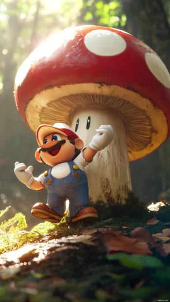 Toad cheering alongside a giant mushroom, a delightful Super Mario character.