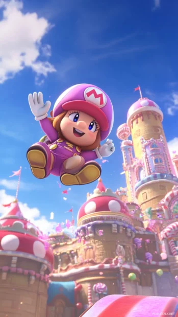 Toadette performs a flip during a big air jump over a candy castle in Mario Kart.