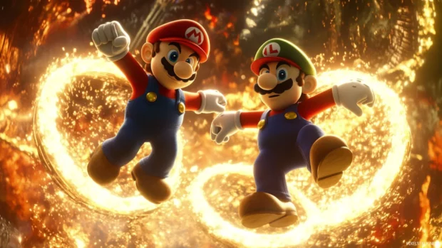Together, Mario and Luigi balance on a rotating platform surrounded by fire rings.