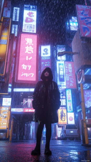 Tokyo Sector Runner standing beneath rain soaked signs in a glowing anime cyberpunk cityscape.