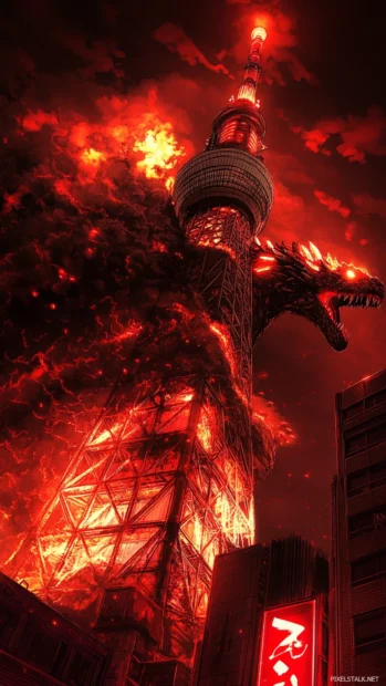 Tokyo Tower crumbles below Godzillas glowing claws.