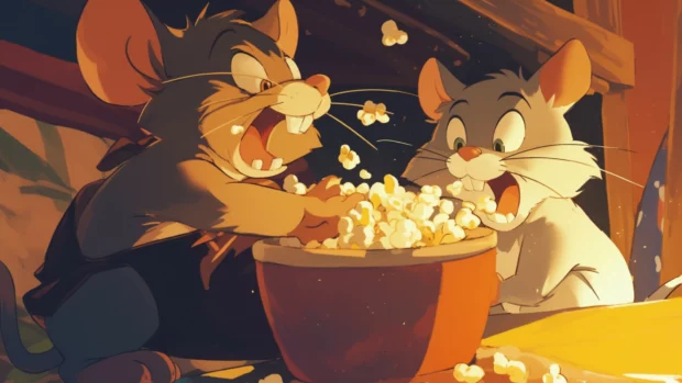 Tom and Jerry diving into a bowl of popcorn during movie night.