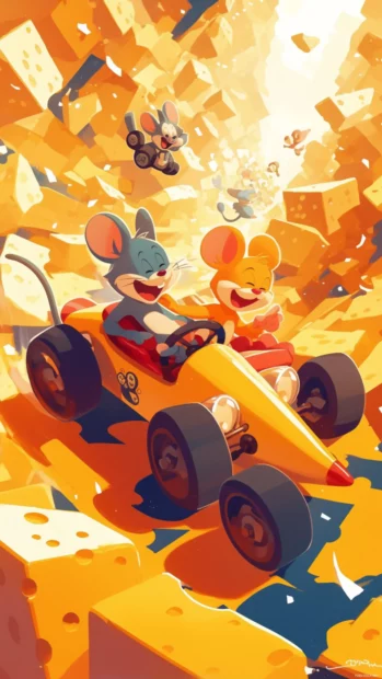 Tom and Jerry racing through a cheese maze laughing loudly.
