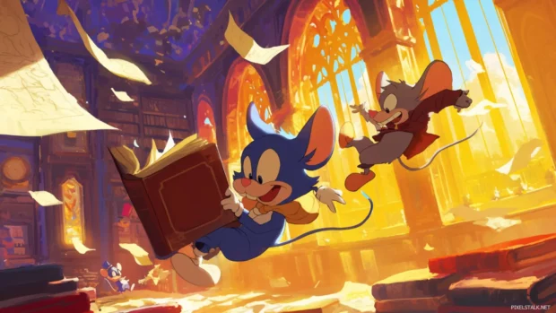 Tom and Jerry racing through a library with flying books around them.