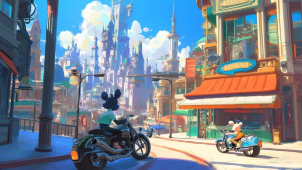 Tom and Jerry riding motorbikes through a retro city.