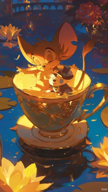 Tom and Jerry sitting peacefully inside a teacup boat.
