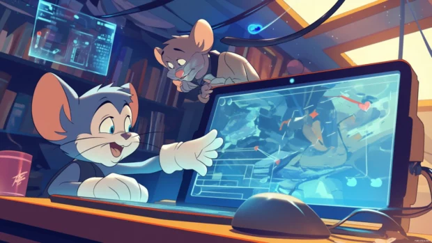 Tom and Jerry trapped inside a giant digital tablet world.