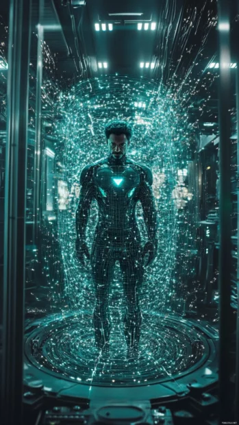 Tony Stark suiting up inside a digital matrix.