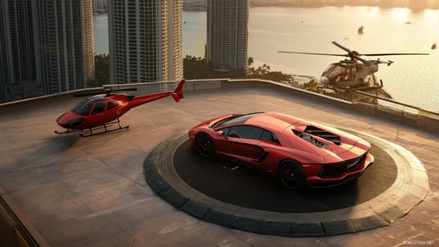 Top down Lamborghini Aventador wallpaper with a red Aventador parked on a rooftop helipad.