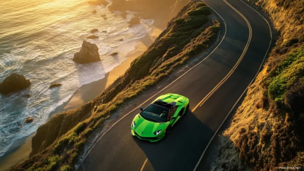 Top down aerial Lamborghini wallpaper with a green Aventador on a winding coastal road.