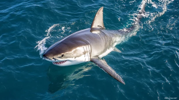 Top down drone view of great white shark swimming solo near coastline wallpaper.
