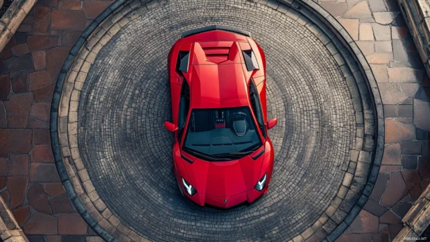 Top down photo of Lamborghini Aventador parked on a circular rooftop pattern.