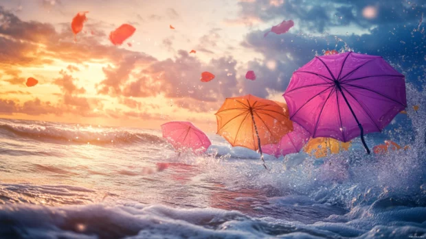 Top rated summer laptop 4K wallpaper featuring playful beach umbrellas and waves, capturing the spirit of the season.