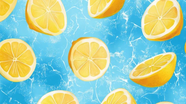 Top summer desktop wallpaper idea with lemon slices, cool blue backgrounds, fresh and zesty atmosphere.