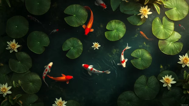 Top view of a koi pond with a variety of koi fish in vivid colors, moving gracefully among green lily pads and floating flowers.