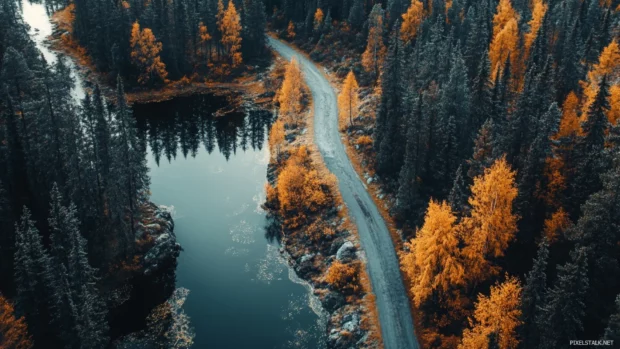 Top view of winding road through autumn forest, HD wallpaper for desktop screens.