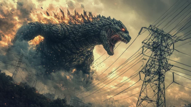 Torn cables fly as Godzilla breaks through a power station wall.