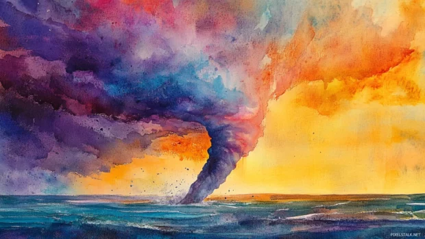 Tornado funnel blending into a dramatic watercolor cloudscape.