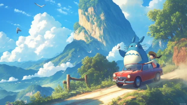 Totoro cruising in a convertible through mountain roads.
