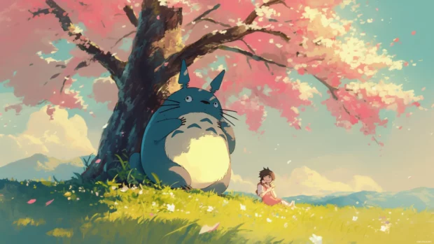Totoro hugging a small kitten under a cherry blossom tree.