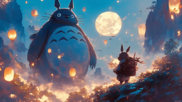 Totoro on a moon lit hill flying paper lanterns with soot sprites.