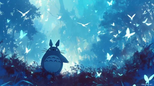 Totoro playing with glowing butterflies in a soft cloud garden.