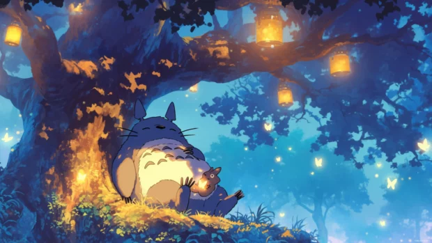 Totoro resting under a lantern lit tree with fireflies glowing.