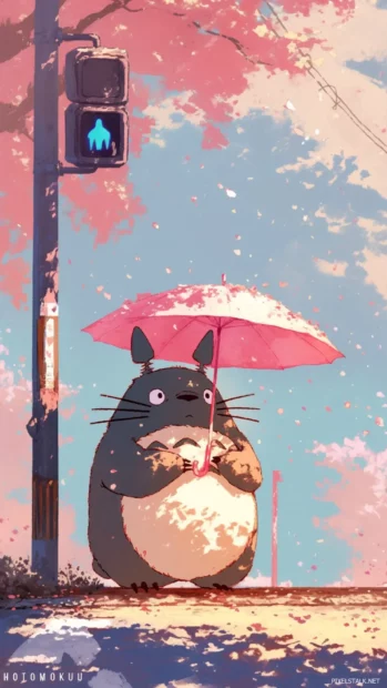 Totoro waiting by the roadside with a pink umbrella as petals fall.
