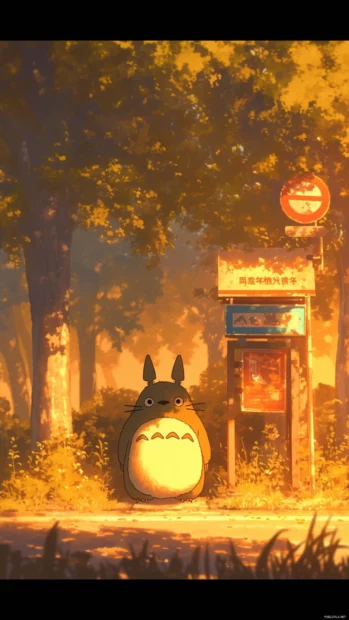 Totoro waving beside the forest bus stop at golden hour.