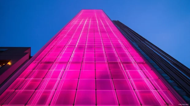 Tower glowing in layered pink neon grids.