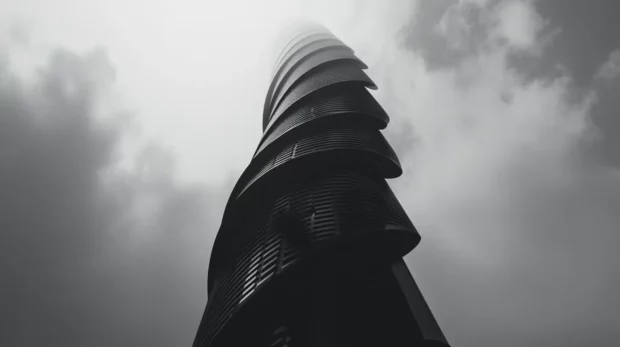 Tower spiraling upward wrapped in black neon rings.