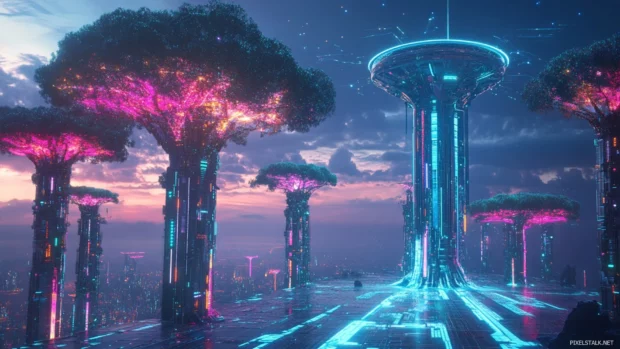 Towering AI hub in the middle of a glowing valley filled with cybernetic trees.