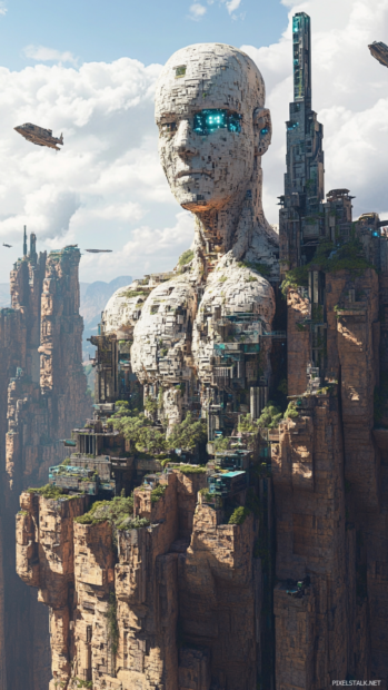Towering AI statues gaze over the megacity from pixelated cliffs.