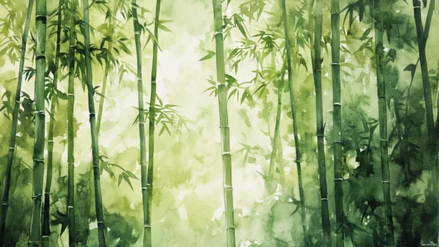 Towering bamboo groves rendered in fresh watercolor greens.