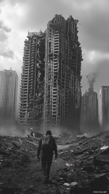 Towering buildings flicker with broken neon as a lone cyborg wanders the ruins.