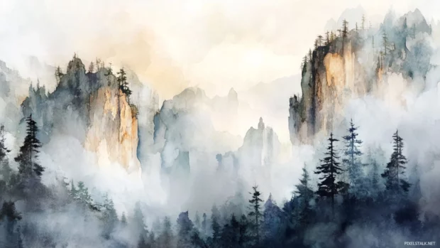 Towering cliffs and delicate mist in a watercolor desktop wallpaper with mountains and forests.
