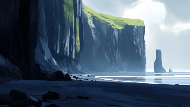 Towering cliffs casting deep shadows over a black sand beach.