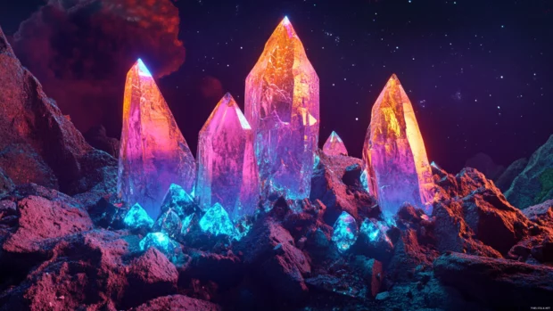 Towering crystal mountains glowing in neon hues.