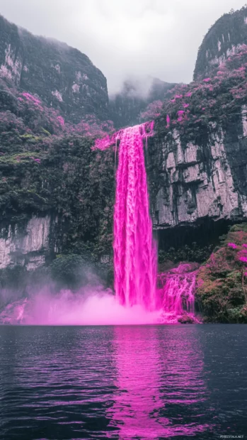 Towering neon pink waterfall crashing into lake.