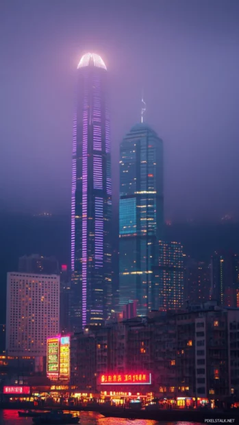Towering neon skyscrapers fading into mist.